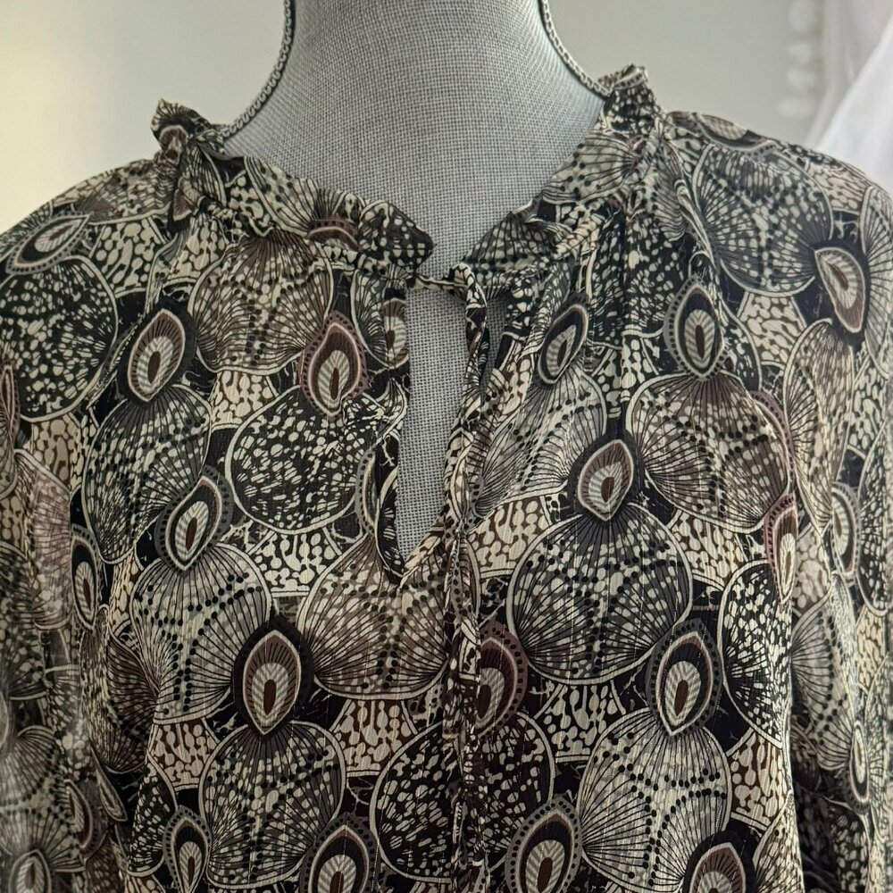 Veronica M Catia Peacock Chiffon Smocked Midi Dress in Feather Print Size L - Picture 5 of 8